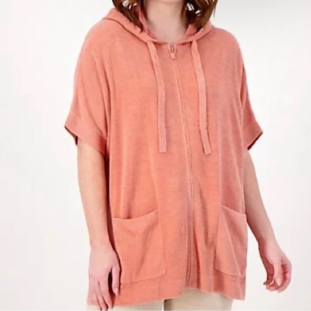 Barefoot Dreams CozyChic Ultra Lite Short Sleeve Zip Up Hoodie Whisper Pink S/M